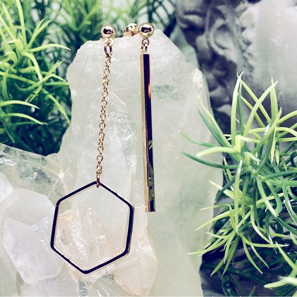 Hexagon and Bar Gold Dangle Earrings 925 Sterling Silver Gold Plated - Picture 1 of 6